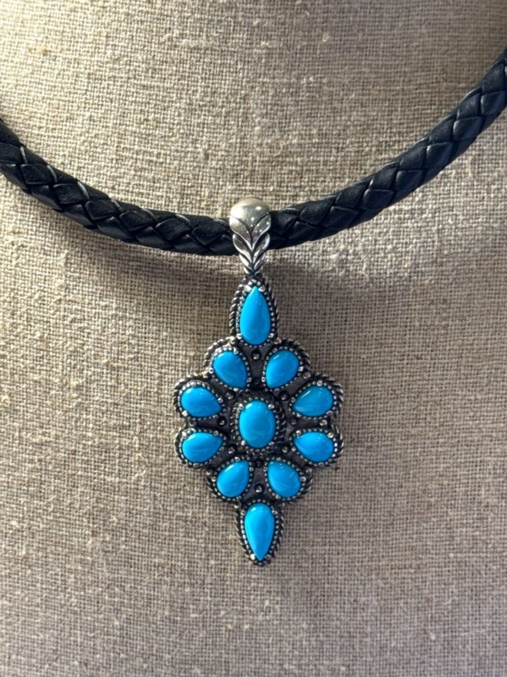 Carolyn Pollack Relios 925 Turquoise Cluster Pendant Leather Necklace Cowgirl